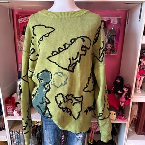 YWFG Green Dinosaur Oversized Graphic Knit Sweater Large